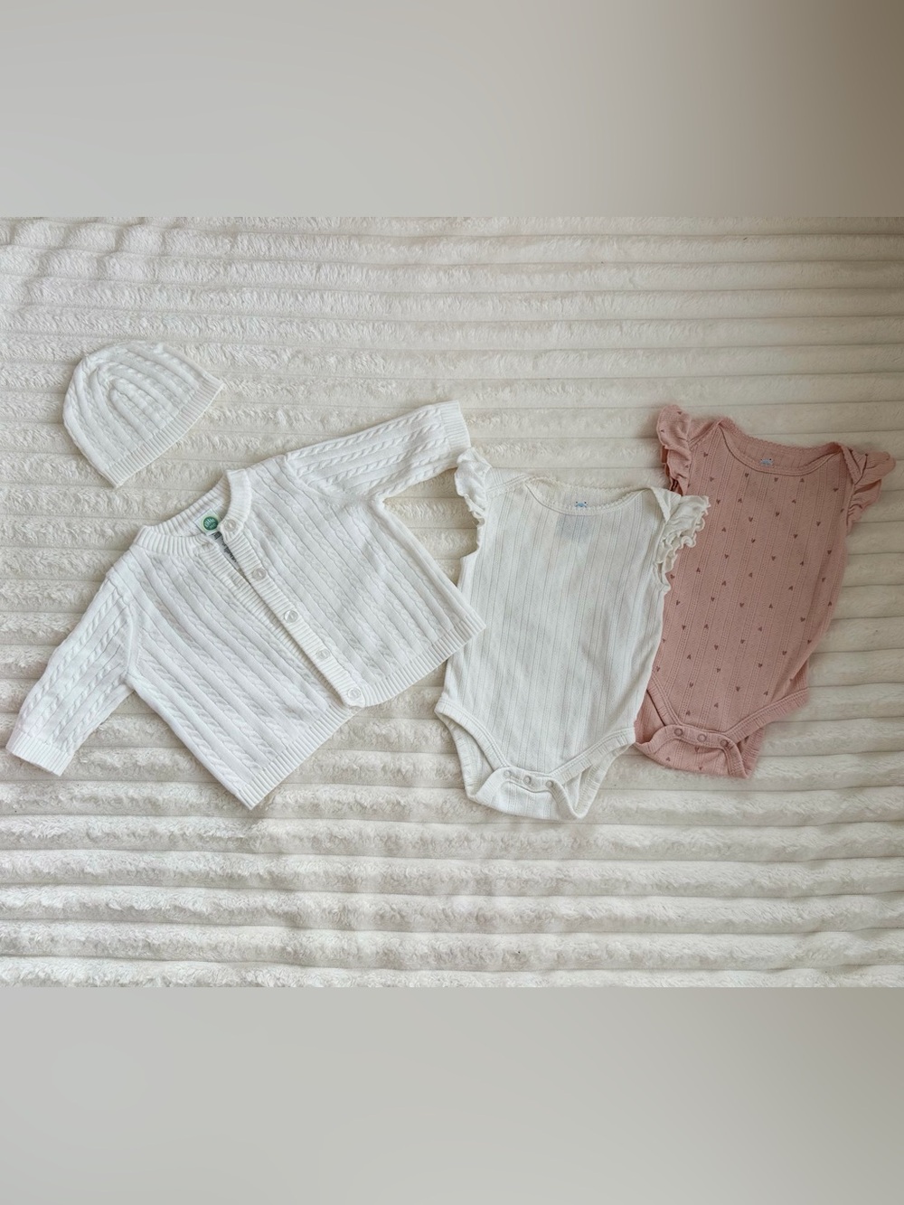 Little Me White Knit Cardigan, Hat, Ruffle Sleeve Bodysuit